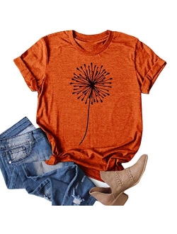 Women's Dandelion Print T Shirts Cute Graphic Tees Short Sleeve Summer Cotton Tee Tops