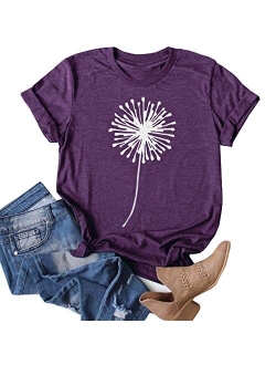 Women's Dandelion Print T Shirts Cute Graphic Tees Short Sleeve Summer Cotton Tee Tops