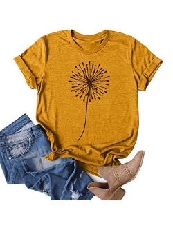 Women's Dandelion Print T Shirts Cute Graphic Tees Short Sleeve Summer Cotton Tee Tops