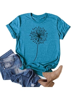 Women's Dandelion Print T Shirts Cute Graphic Tees Short Sleeve Summer Cotton Tee Tops