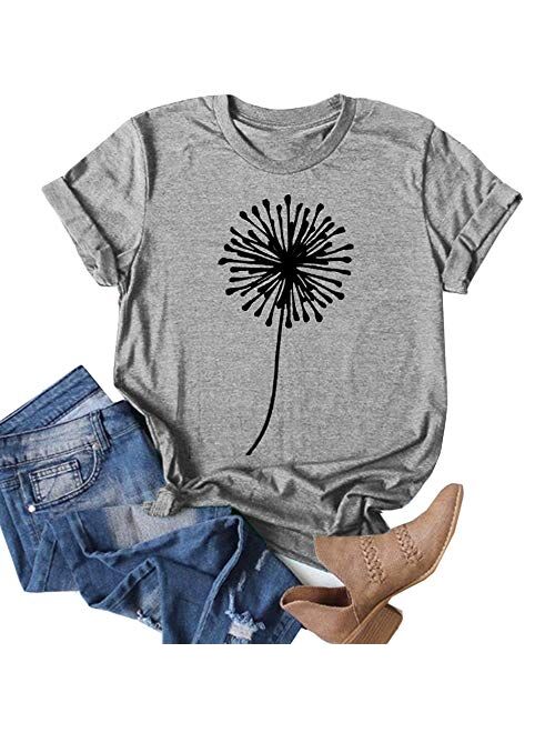 Cicy Bell Women's Dandelion Print T Shirts Cute Graphic Tees Short Sleeve Summer Cotton Tee Tops