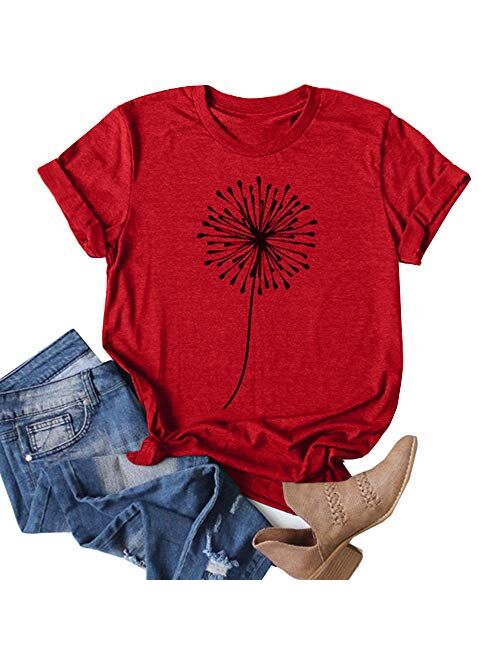 Cicy Bell Women's Dandelion Print T Shirts Cute Graphic Tees Short Sleeve Summer Cotton Tee Tops