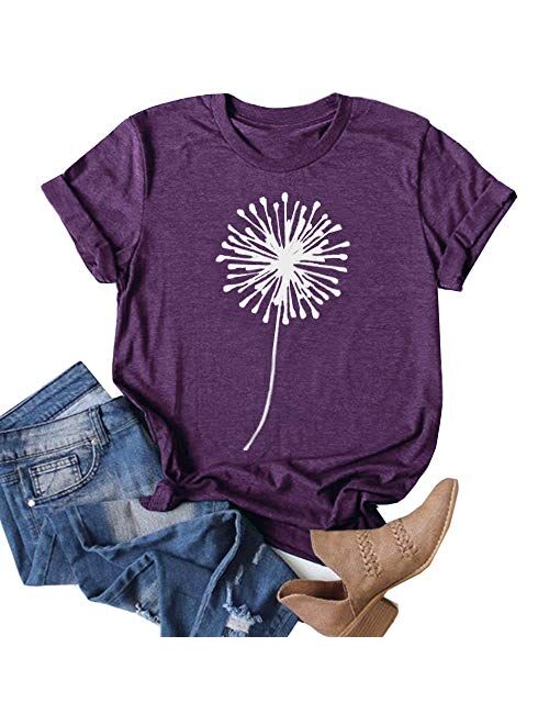 Cicy Bell Women's Dandelion Print T Shirts Cute Graphic Tees Short Sleeve Summer Cotton Tee Tops