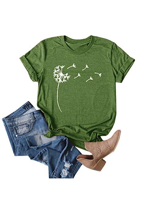 Cicy Bell Women's Dandelion Print T Shirts Cute Graphic Tees Short Sleeve Summer Cotton Tee Tops