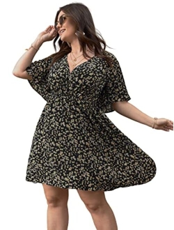 Women's Plus Size Boho Floral Wrap V Neck Short Sleeve A Line Dress