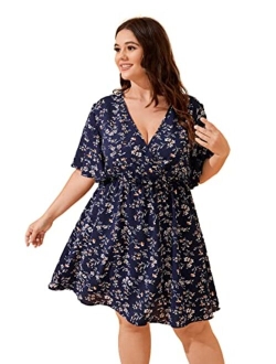 Women's Plus Size Boho Floral Wrap V Neck Short Sleeve A Line Dress