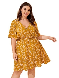 Women's Plus Size Boho Floral Wrap V Neck Short Sleeve A Line Dress