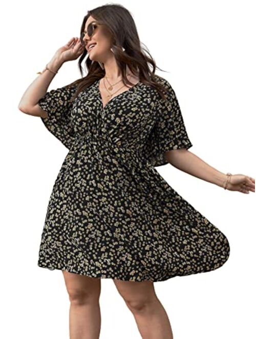 Floerns Women's Plus Size Boho Floral Wrap V Neck Short Sleeve A Line Dress