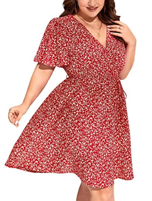 Floerns Women's Plus Size Boho Floral Wrap V Neck Short Sleeve A Line Dress