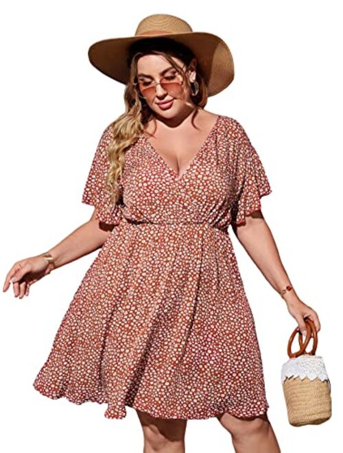 Floerns Women's Plus Size Boho Floral Wrap V Neck Short Sleeve A Line Dress