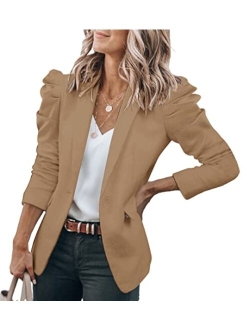 Women's Casual Blazers Puff Sleeve Open Front Lapel Button Work Office Blazer Jackets with Pockets