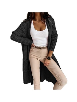 Women's Open Front Hooded Cardigan Long Sleeve Casual Knit Sweater Coat with Pockets