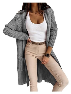 Women's Open Front Hooded Cardigan Long Sleeve Casual Knit Sweater Coat with Pockets