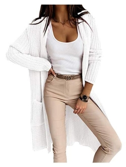 Women's Open Front Hooded Cardigan Long Sleeve Casual Knit Sweater Coat with Pockets