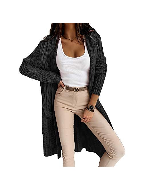 Cicy Bell Women's Open Front Hooded Cardigan Long Sleeve Casual Knit Sweater Coat with Pockets