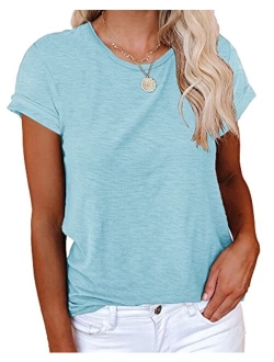 Women's Short Sleeve Shirts Crewneck Loose Casual Summer Cotton Tees Tops