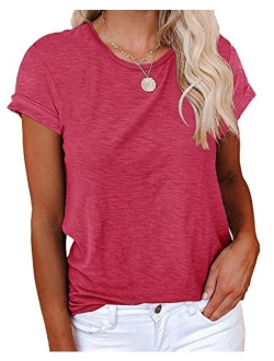 Women's Short Sleeve Shirts Crewneck Loose Casual Summer Cotton Tees Tops