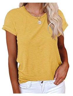 Women's Short Sleeve Shirts Crewneck Loose Casual Summer Cotton Tees Tops