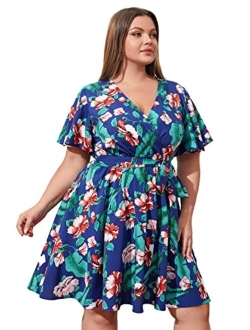 Women's Plus Size Tropical Print V Neck Short Sleeve Belted Short Dress