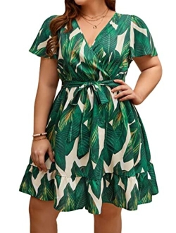 Women's Plus Size Tropical Print V Neck Short Sleeve Belted Short Dress