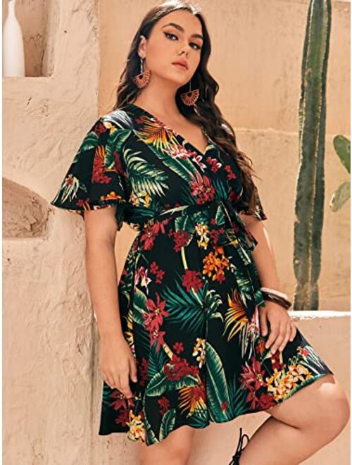 Floerns Women's Plus Size Tropical Print V Neck Short Sleeve Belted Short Dress