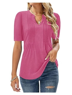 Women's V Neck T Shirts Casual Short Sleeve Pleated Blouses Summer Tee Tops