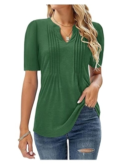 Women's V Neck T Shirts Casual Short Sleeve Pleated Blouses Summer Tee Tops