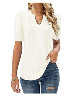 Women's V Neck T Shirts Casual Short Sleeve Pleated Blouses Summer Tee Tops