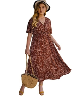 Women's Plus Size Boho Floral V Neck Short Sleeve A Line Long Dress