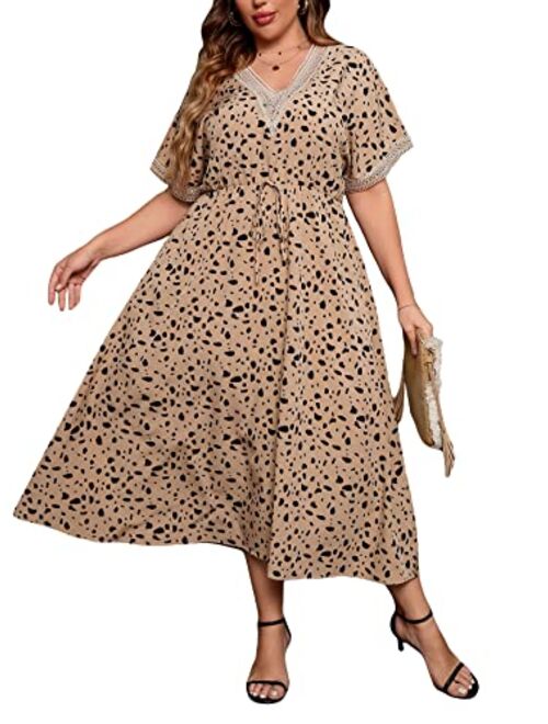 Floerns Women's Plus Size Boho Floral V Neck Short Sleeve A Line Long Dress