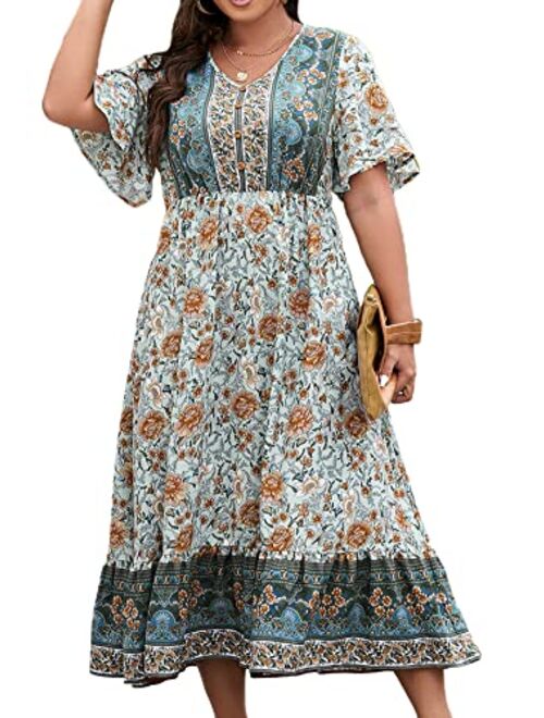 Floerns Women's Plus Size Boho Floral V Neck Short Sleeve A Line Long Dress