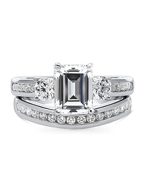 BERRICLE Sterling Silver 3-Stone Wedding Engagement Rings Emerald Cut Cubic Zirconia CZ Anniversary Ring Set for Women, Rhodium Plated Size 4-10