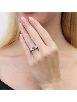 Sterling Silver 3-Stone Purple Aqua Cushion Cut Cubic Zirconia CZ Kaleidoscope Cocktail Fashion Ring for Women, Rhodium Plated Size 4-10