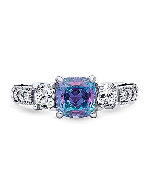 BERRICLE Sterling Silver 3-Stone Purple Aqua Cushion Cut Cubic Zirconia CZ Kaleidoscope Cocktail Fashion Ring for Women, Rhodium Plated Size 4-10