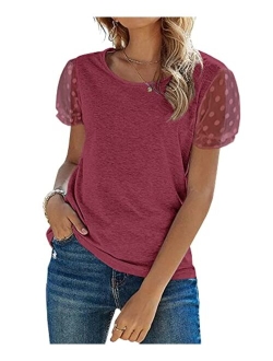 Women's Lace Short Sleeve T Shirts Crewneck Casual Summer Tee Tops