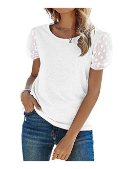 Women's Lace Short Sleeve T Shirts Crewneck Casual Summer Tee Tops