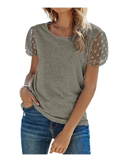 Women's Lace Short Sleeve T Shirts Crewneck Casual Summer Tee Tops