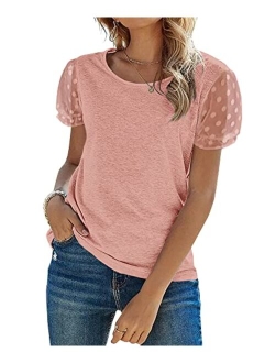 Women's Lace Short Sleeve T Shirts Crewneck Casual Summer Tee Tops