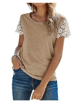 Women's Lace Short Sleeve T Shirts Crewneck Casual Summer Tee Tops