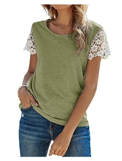 Women's Lace Short Sleeve T Shirts Crewneck Casual Summer Tee Tops