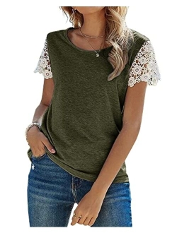 Women's Lace Short Sleeve T Shirts Crewneck Casual Summer Tee Tops