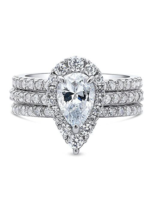 BERRICLE Sterling Silver Halo Wedding Engagement Rings Pear Cut Cubic Zirconia CZ Ring Set for Women, Rhodium Plated Size 4-10