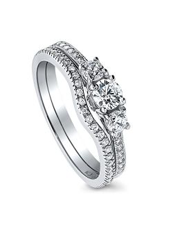 Sterling Silver 3-Stone Wedding Engagement Rings Round Cubic Zirconia CZ Anniversary Ring Set for Women, Rhodium Plated Size 4-10