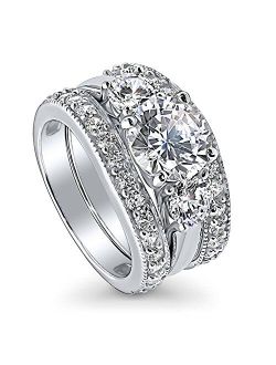 Sterling Silver 3-Stone Wedding Engagement Rings Round Cubic Zirconia CZ Anniversary Ring Set for Women, Rhodium Plated Size 4-10