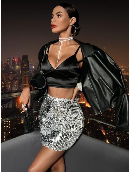 SHEIN BAE Mini Sequin Bodycon Skirt