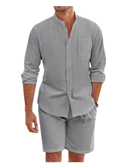 Linen Sets For Men 2 Piece Button Down Shirt Long Sleeve And Casual Beach Drawstring Waist Shorts Summer Outfits