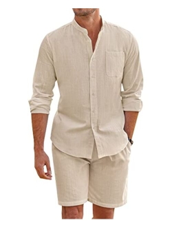 Linen Sets For Men 2 Piece Button Down Shirt Long Sleeve And Casual Beach Drawstring Waist Shorts Summer Outfits