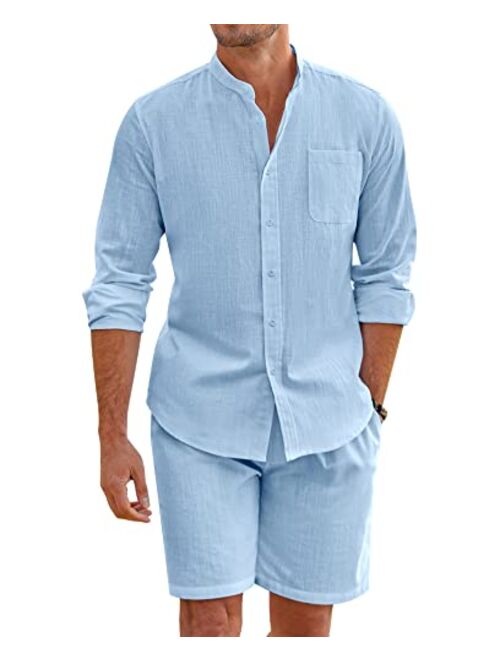 COOFANDY Linen Sets For Men 2 Piece Button Down Shirt Long Sleeve And Casual Beach Drawstring Waist Shorts Summer Outfits