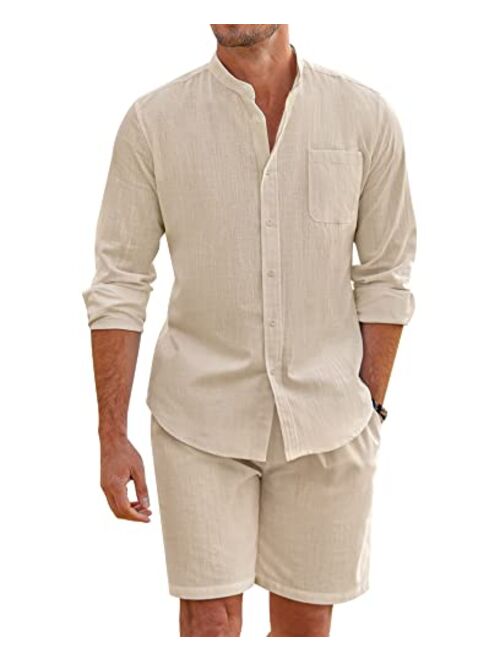 COOFANDY Linen Sets For Men 2 Piece Button Down Shirt Long Sleeve And Casual Beach Drawstring Waist Shorts Summer Outfits