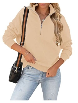 Women's Loose Lapel Quarter Zipper Long Sleeve Solid Cozy Pullover Sweatshirts Tops